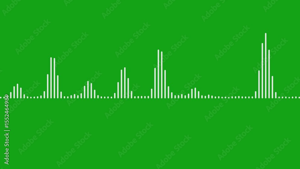white audio waveform spectrum on chroma key green screen background. Pulsing sound wave pattern animated overlay. abstract music waves oscillation graph. Technology digital signal audio wave spectrum.