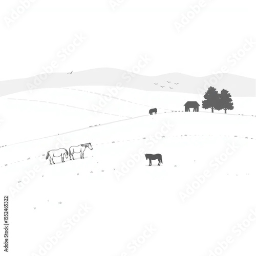 A hillside pasture with horses grazing peacefully