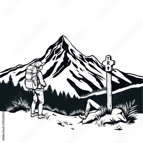 A hiker resting beside a mountain trail marker