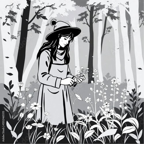 A herbalist gathering plants in the forest