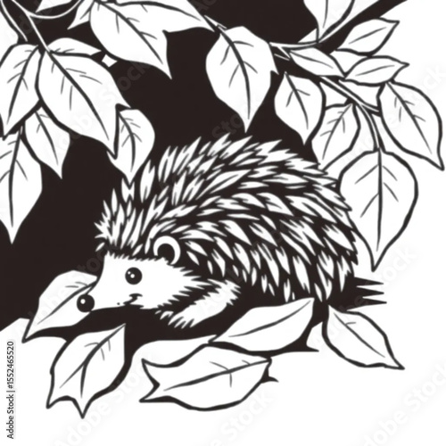A hedgehog curled up beneath fallen leaves