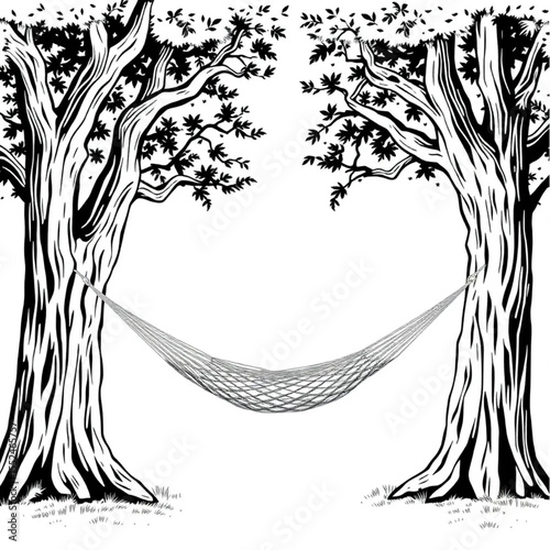 A hammock strung between two old oak trees