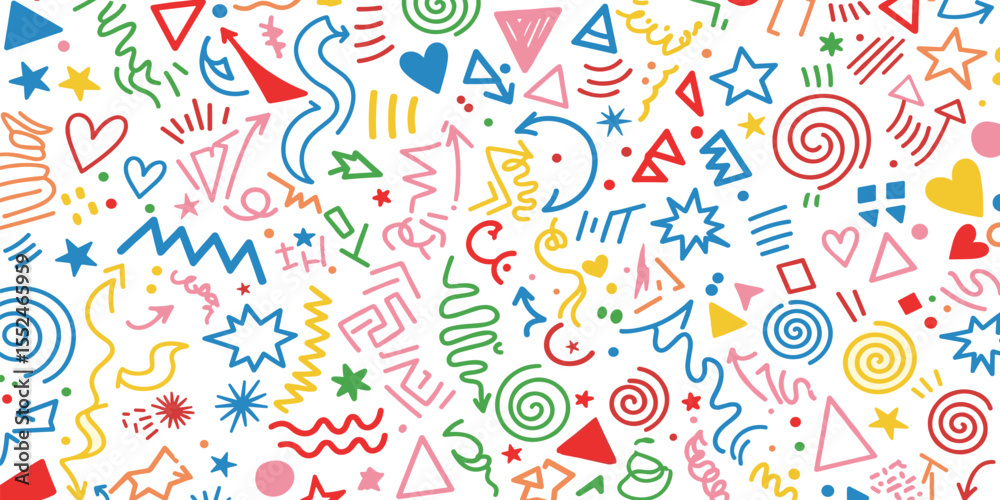 Naklejka premium Modern basic shapes set: star, arrow, triangle, circle, heart, zigzag, spiral, wavy lines. Trendy Memphis geometric pattern. Cool abstract background in retro 80s, 90s style. Cute kid doodle design