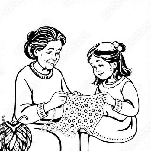 A grandmother teaching her granddaughter to knit