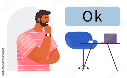 Bearded man wearing casual attire pondering near a workspace with a blue chair, table, laptop, coffee and Ok text. Ideal for productivity, decision-making, brainstorming, work-life balance