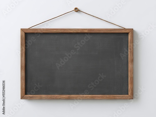 A blank, rectangular chalkboard hangs from twine on a light wall; it's framed in dark wood