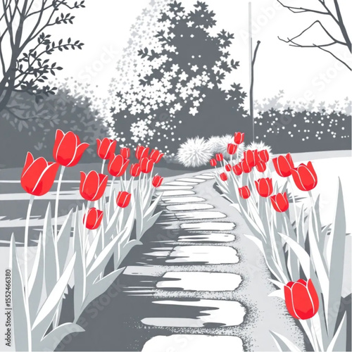 A garden pathway lined with blooming red tulips