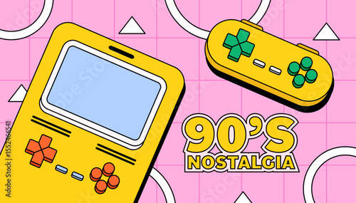 Yellow handheld gaming console and controller with a pink grid background and bold “90’s nostalgia” typography  for retro gaming, vintage tech background illustration or poster
