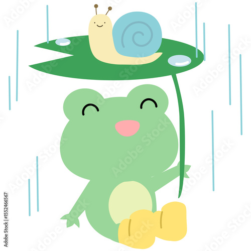 葉っぱの傘をさすカエルとかたつむり　梅雨　ベクターイラスト