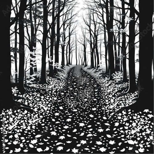 A forest trail carpeted with fallen autumn leaves