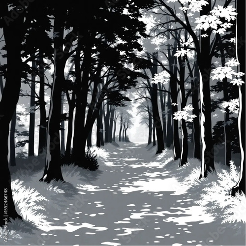A forest path dappled with filtered sunlight
