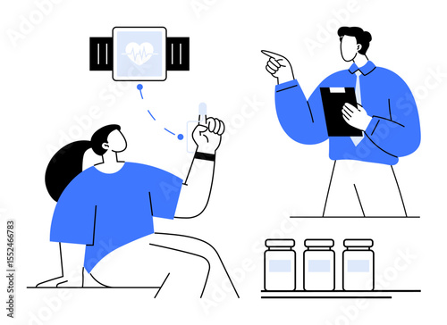 Patient seated, using a smartwatch with digital heart monitor. Doctor pointing, holding a clipboard near medicine bottles. Ideal for healthcare, telemedicine, fitness, data monitoring, patient care