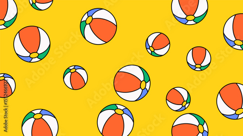 Bright and playful cartoon pattern of multicolored beach balls scattered over a yellow background. Great for summer themes, kids’ designs, beach party invitations, or playful backgrounds.