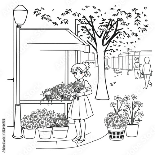 A flower girl selling posies on a street corner