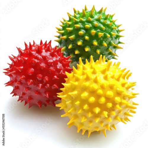 Three colorful spiky balls in red yellow and green isolated on white background