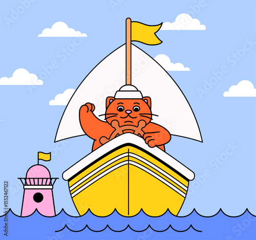 Cartoon illustration of an orange cat sailing a yellow boat with a white sail and yellow flag, navigating near a pink lighthouse on a calm sea for nautical, travel, and adventure-themed content