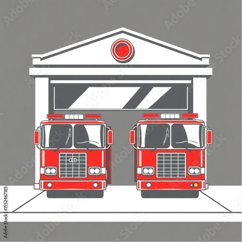 A fire station with red engines gleaming and ready