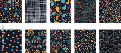 Collection of retro 80s, 90s colorful vector seamless patterns. Doodle fun kid backgrounds. Childish cute hand drawn design useful for fabric, textile, cover, banner, label, print, wrapping, wallpape
