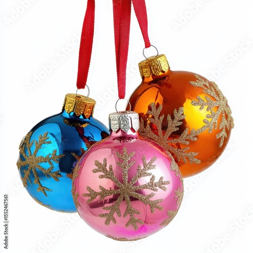 Three colorful christmas ornaments with glitter snowflakes hanging on red ribbons isolated on white background