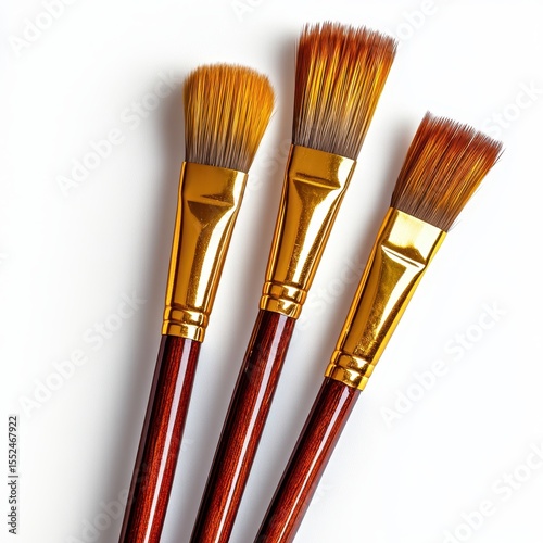 Three artist paint brushes with golden ferrules and dark wood handles isolated on white background