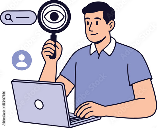 Online Search Vector Illustration. Man with Laptop and Magnifying Glass.