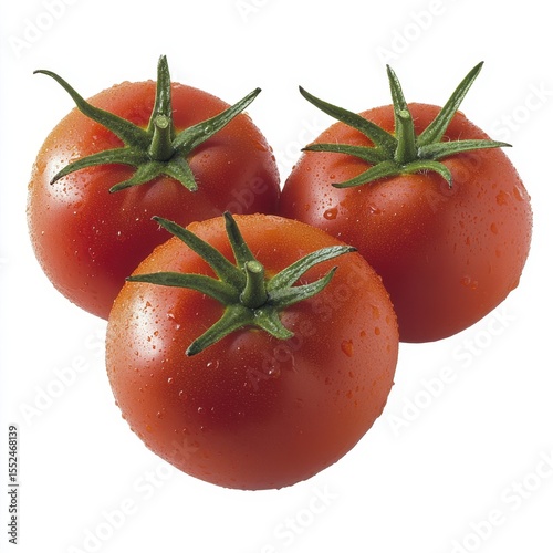 Three ripe red tomatoes with water droplets isolated on white background