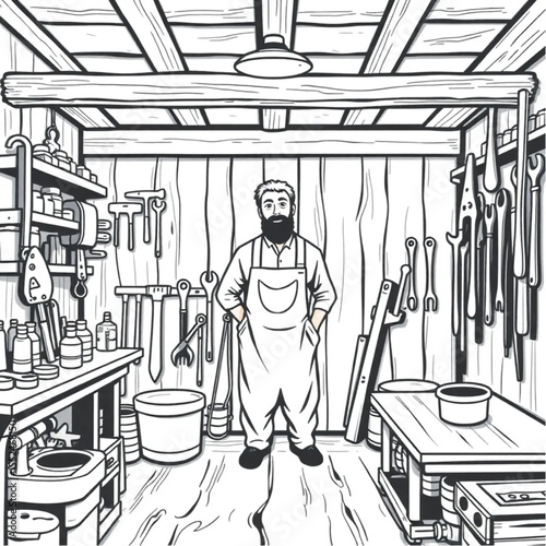 A craftsman's workshop with tools hanging on woode...