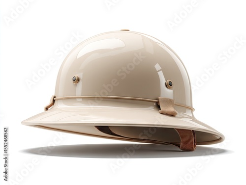 A cream-colored pith helmet, slightly angled, showcasing its wide brim, leather chin strap, and smooth, glossy surface against a white background