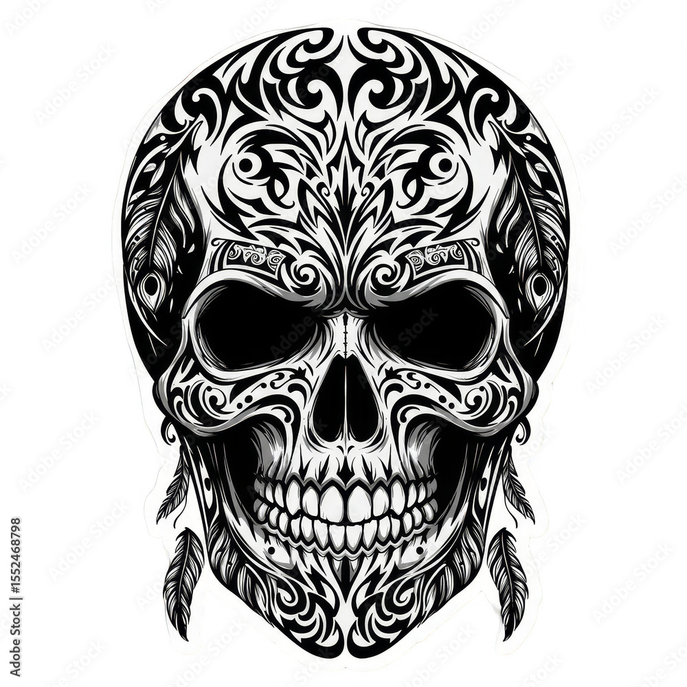 Fototapeta premium Ornate Skull Illustration With Tribal Pattern Isolated on Transparent Background