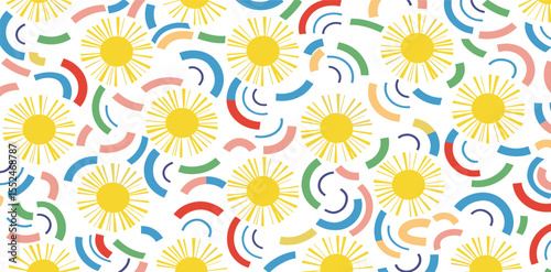 Memphis geometric seamless pattern. Abstract modern background with circles, curves, short rounded lines and dots. Fun kid doodle design element for cover, poster, banner, label, textile, 