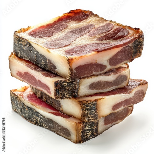 Stack of cured meat slices with fat and lean layers isolated on white background