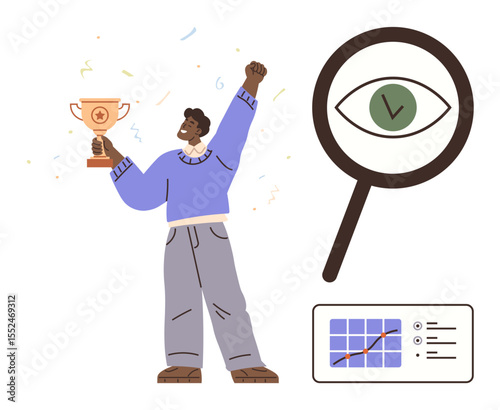 Person raising trophy in celebration, magnifying glass with eye symbolizing focus, and graph showing progress. Ideal for themes of success, goals, analysis, focus, progress, celebration achievement