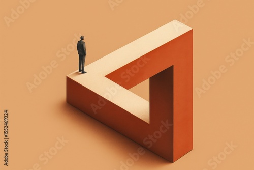 Apricot Enigma A Man Contemplates the Impossible Penrose Triangle on a Light Orange Plane of Existence