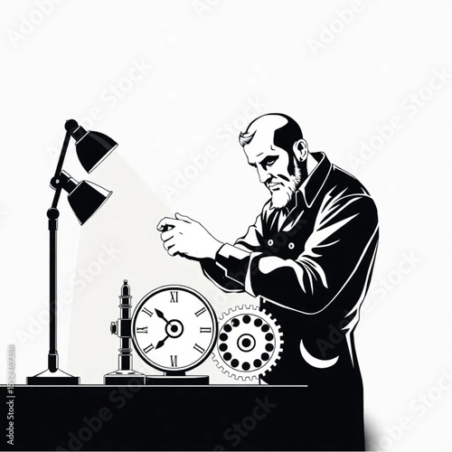 A clockmaker adjusting gears by lamplight