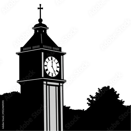A clock tower chiming the evening hour at sunset
