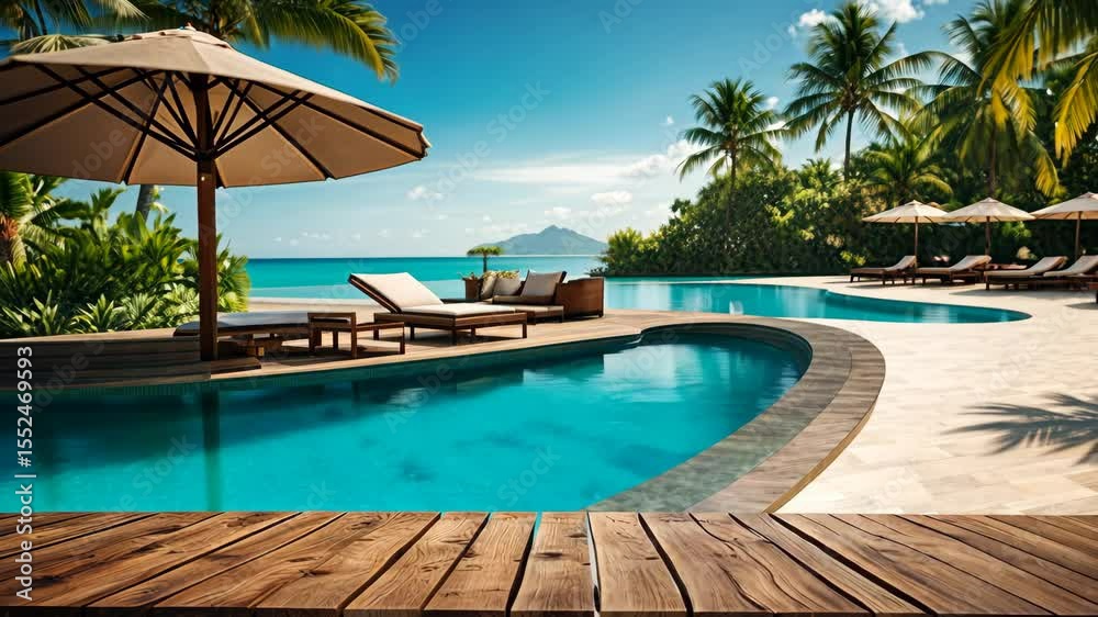 Closeup empty wooden board near swimming pool in tropical luxury hotel at hot summer day. mockup with copy space