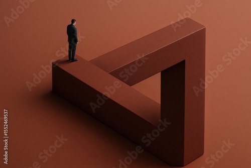 Terracotta Conundrum A Man Stands on a Brown Penrose Triangle Against a Matching Monochromatic Backdrop