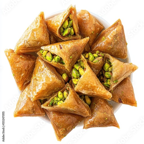 Delicious triangular baklava pastries filled with pistachios isolated on white background