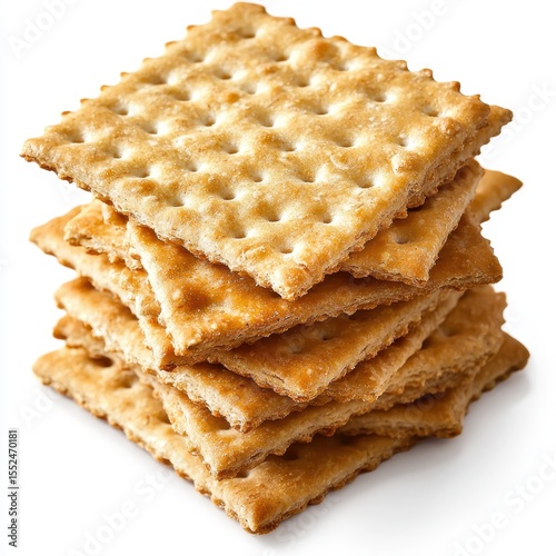 Stack of golden brown square crackers with perforated holes isolated on white background