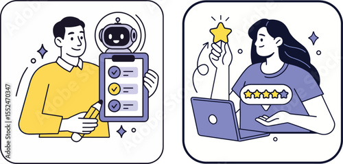 Customer Feedback Vector Illustration: Man with Checklist and Robot, Woman with Star Rating.
