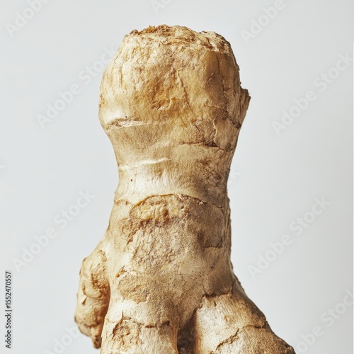 Close up of a whole raw ginger root with textured skin isolated on white background