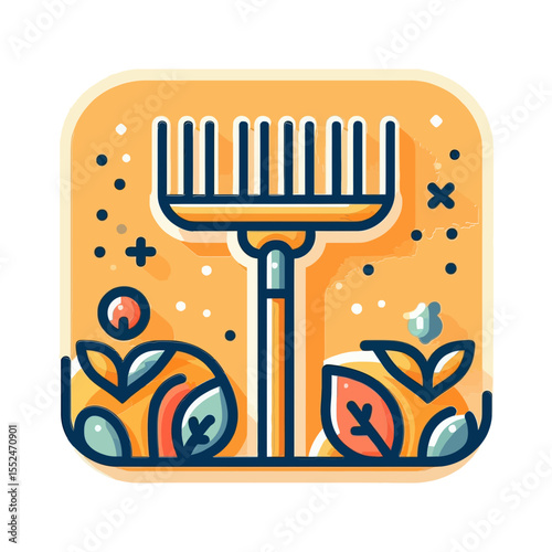 A cartoon garden rake stands among stylized plants and soil, framed by a warm background. Ideal for websites or blogs about gardening, farming, outdoor hobbies, or spring/autumn activities.

