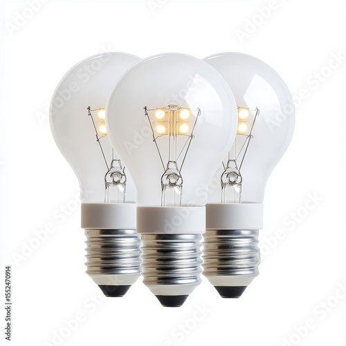Three glowing incandescent light bulbs arranged together isolated on white background