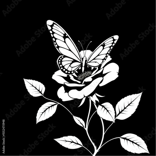 A butterfly landing gently on a blooming rose