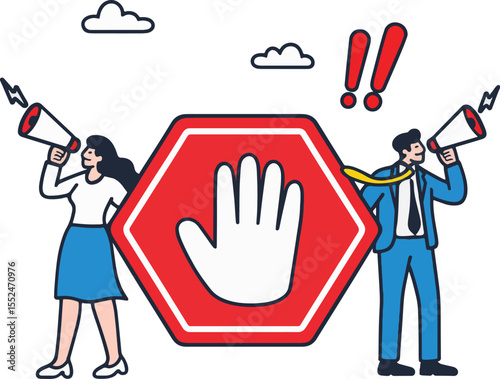 Stop Sign with People Shouting into Megaphones, Vector Illustration.