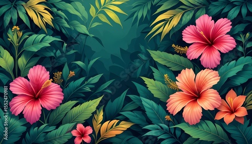 A colorful tropical illustration where bright pink and peach hibiscus flowers stand out among a backdrop of deep green jungle foliage.