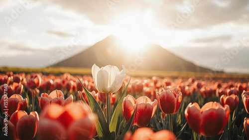Vibrant tulip field featuring a single white bloom at sunrise