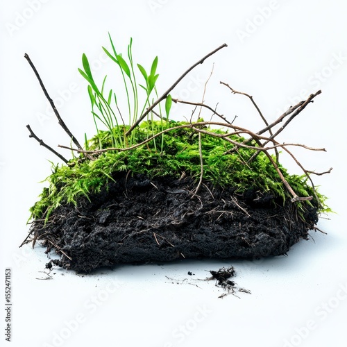 A clump of rich soil with green moss and young plants growing surrounded by dry twigs isolated on white background