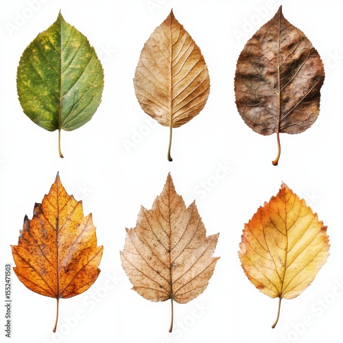 Collection of six autumn leaves showing color transition from green to brown isolated on white background