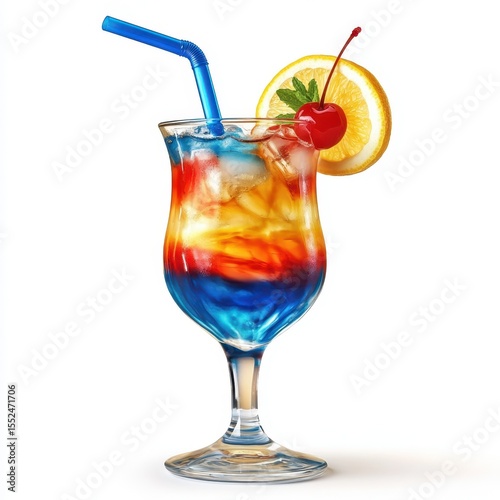 Colorful layered tropical cocktail with ice cherry lemon slice and blue straw isolated on white background